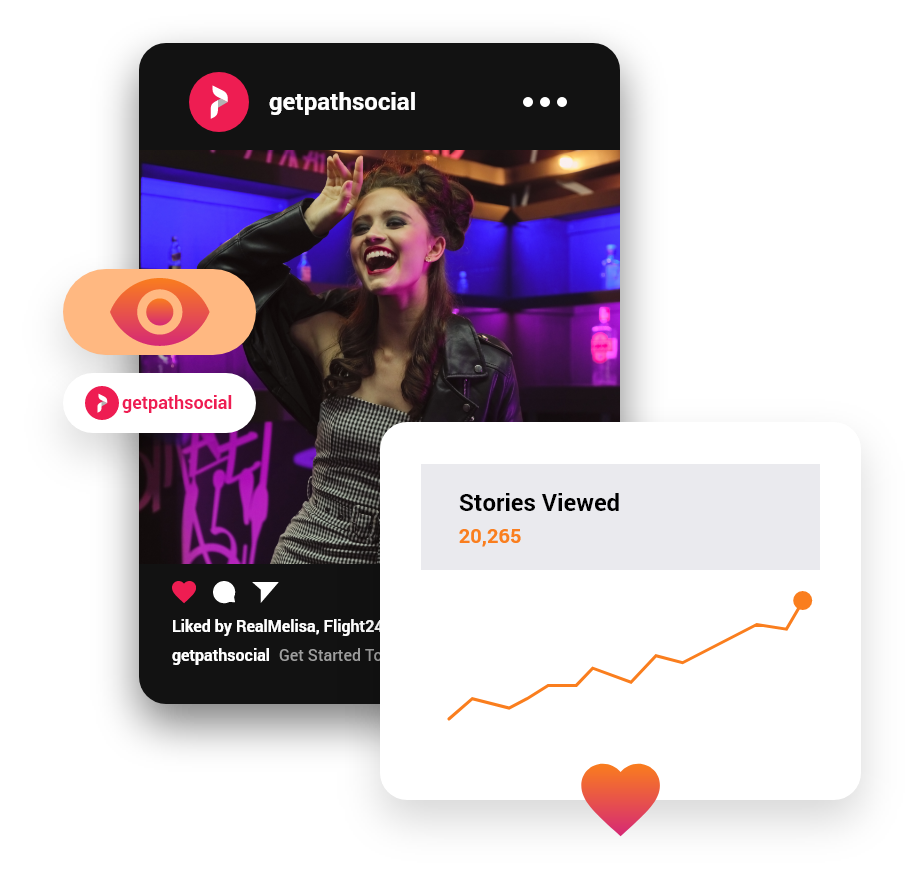 getpathsocial_story | Path Social | Path Social A joyful woman saluting at a party, with a social media interface overlay showing a high number of stories viewed, indicating her popularity or engagement online.