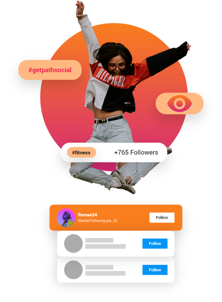 ft_img_ig_audit | Path Social | Path Social 소셜 미디어를 테마로 한 그래픽과 해시태그와 함께 생동감 넘치는 배경에서 역동적인 공중 포즈를 취하며 소셜 미디어 팔로워 증가를 축하하는 기쁨을 만끽하는 사람