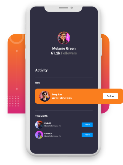Group 1908 | Path Social | Path Social A smartphone displaying a social media profile named "melanie green" with 61.2k followers, alongside notifications of new followers including "zoey lee.