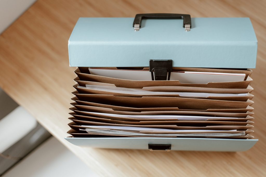 A briefcase for documents placed on table.