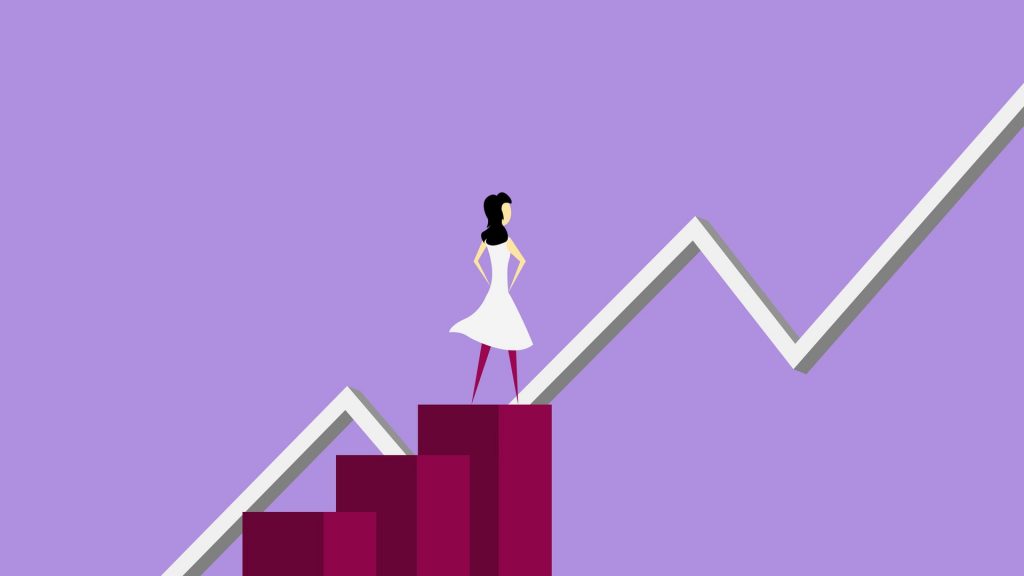 Ilustración de una mujer analizando un gráfico de líneas financieras.