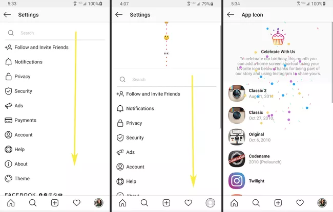 Series of screenshots showing steps for how to change the Instagram icon.