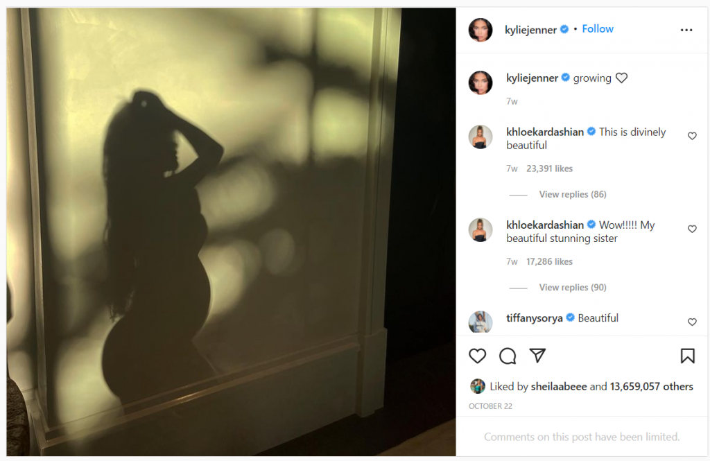 3rd female with the most followers on Instagram, Kylie Jenner’s pregnant shadow on a wall