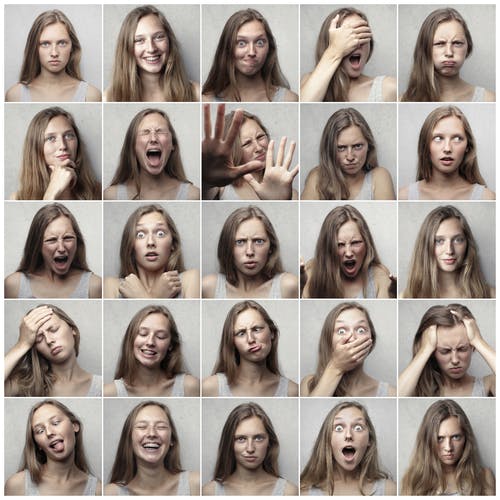 A collage of photos of the same young woman showing different facial expressions