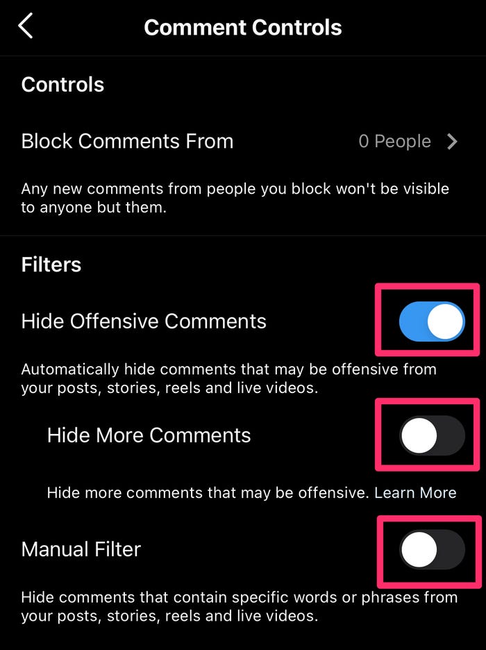 Screenshot of Comment Controls for other options aside from deleting comments on Instagram.
