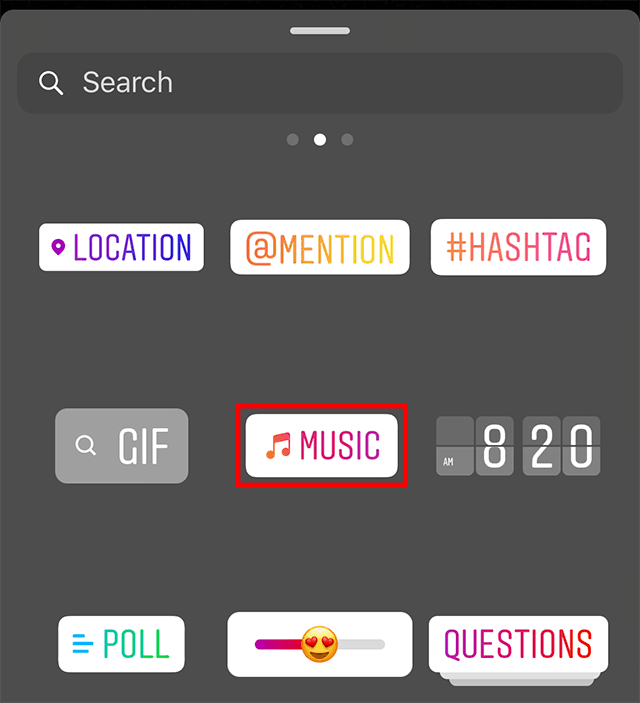 Instagram Stickers menu showing the Music Sticker option to add music to an Instagram story. 