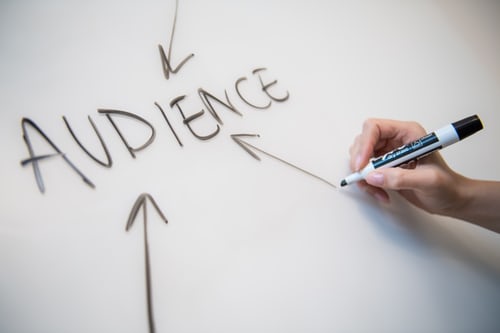 Person drawing arrows pointing toward the word "Audience" on a white board to represent audience targeting on Instagram.