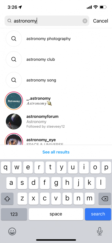 Schermata che mostra come raggiungere la pagina di esplorazione di Instagram