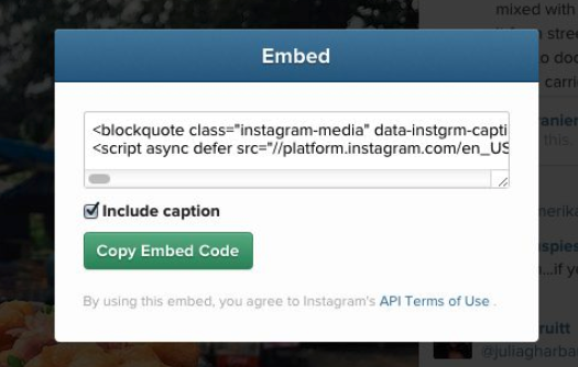 Captura de ecrã que mostra como incorporar uma publicação Instagram numa publicação de blogue. 