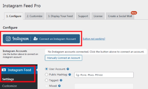 Screenshots showing how to enable Instagram Feed Pro plugin to embed Instagram post on a WordPress site. 