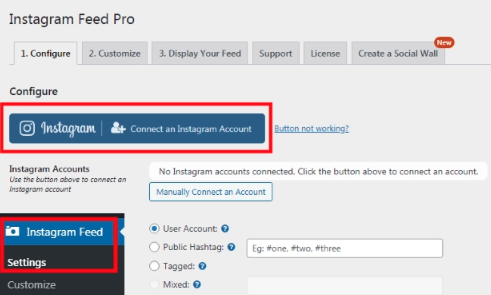 Capturas de ecrã que mostram como ativar o plugin Instagram Feed Pro para incorporar a publicação Instagram num site WordPress. 