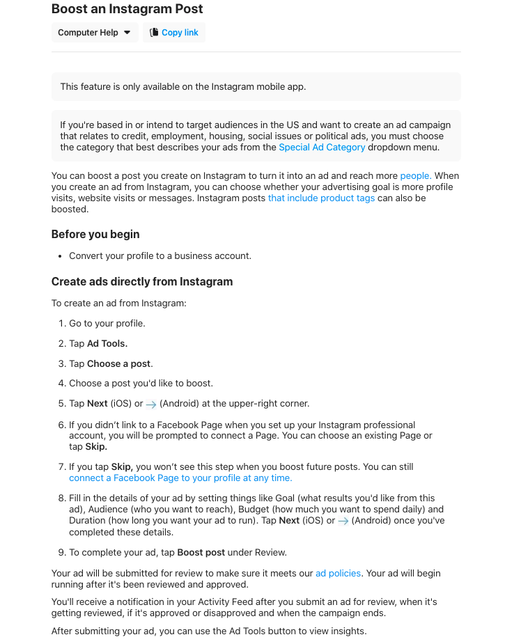 Getting started page for how to boost Instagram post. 