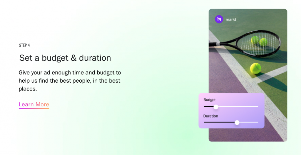 Instagram 顯示如何設置預算和提升時長的頁面 Instagram 發佈。 