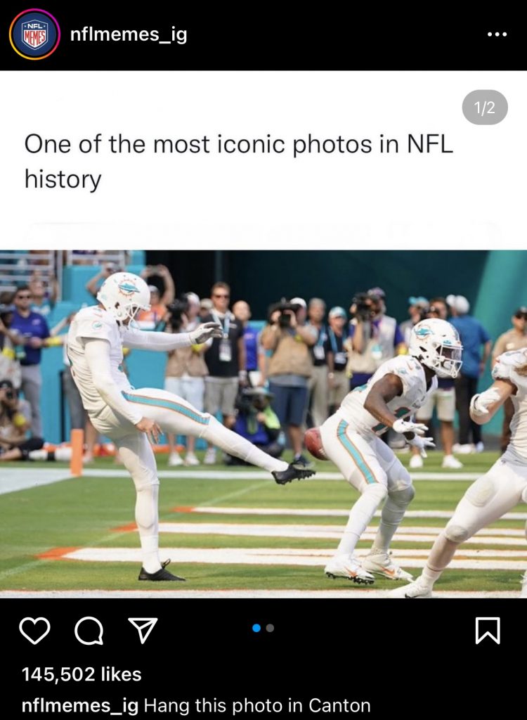 A screenshot of an NFL Instagram Meme showing football player kicking the ball behind another player.