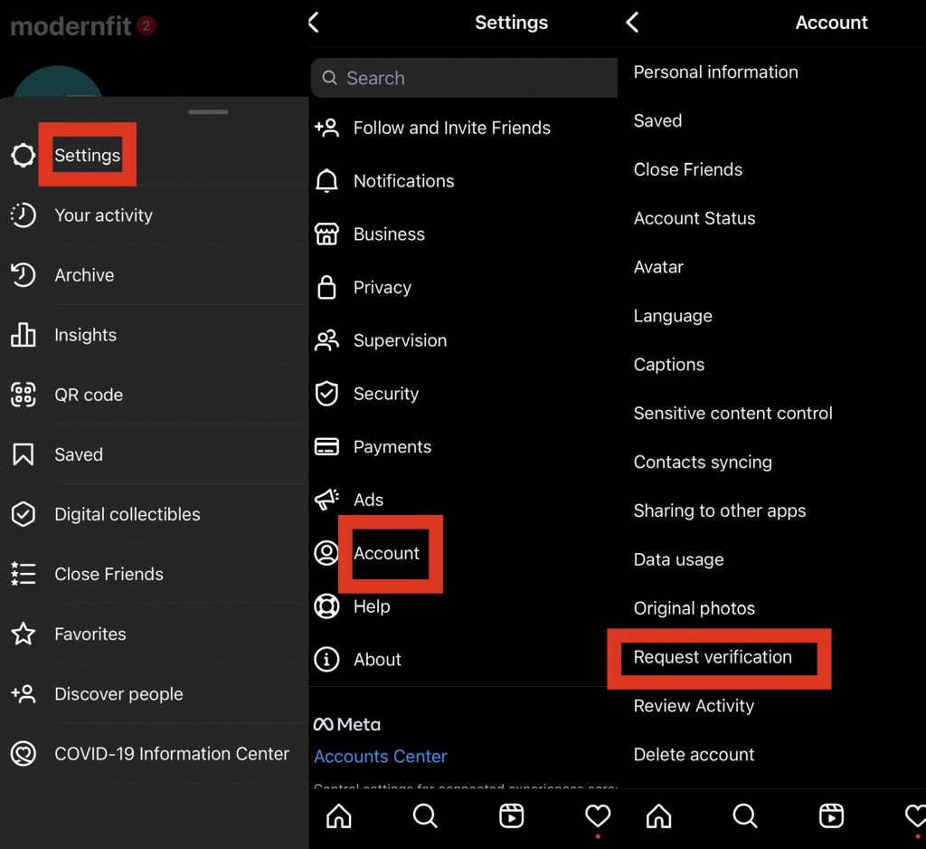 IMG_6129 | Path Social لقطات شاشة توضح خطوات طلب التحقق على Instagram.