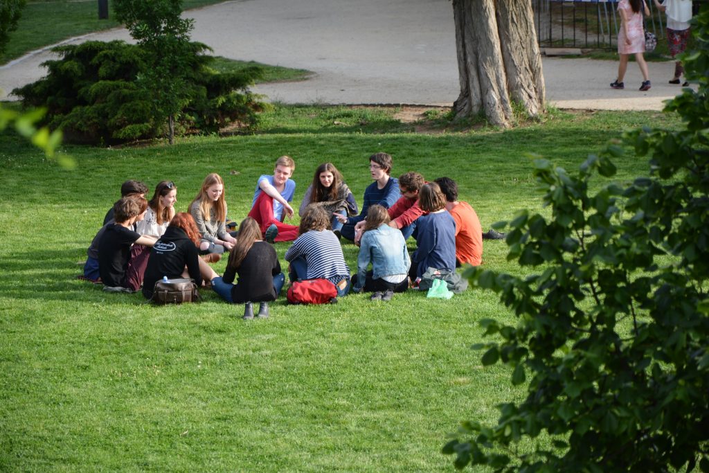 A group of people sitting in a circle on the grass discussing trending Instagram topics.