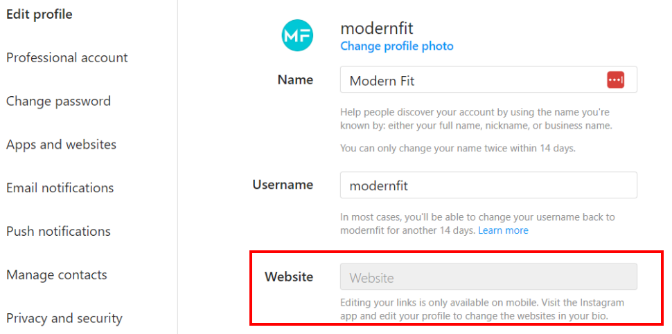 Edit profile page for Instagram showing how to put a link in Instagram bio in the Website box.