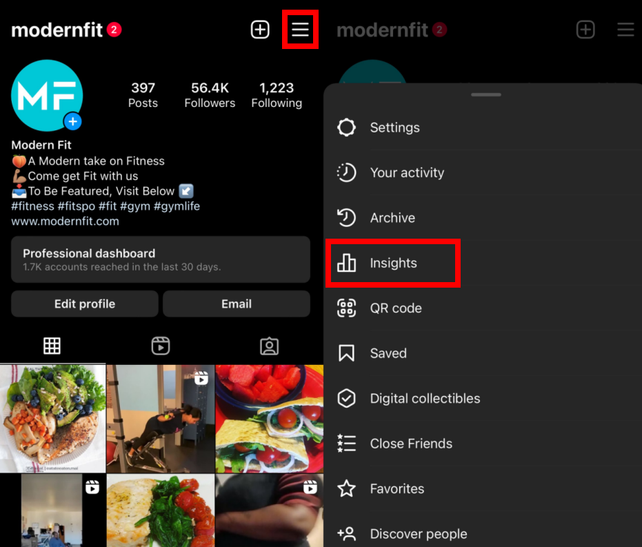 Schermata del menu Instagram