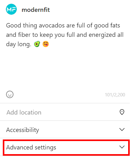 Screenshot of Create New Post on Instagram showing Advanced Settings option at the bottom. 
