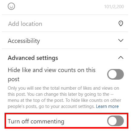 Screenshot of New Post Advanced Settings that shows how to hide likes on your own Instagram post.
