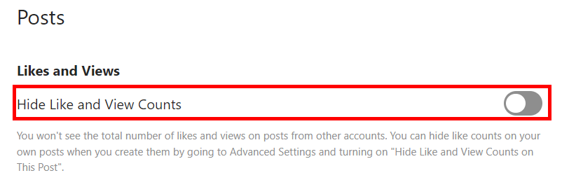 Screenshot of Post Settings that shows how to hide likes on Instagram. 