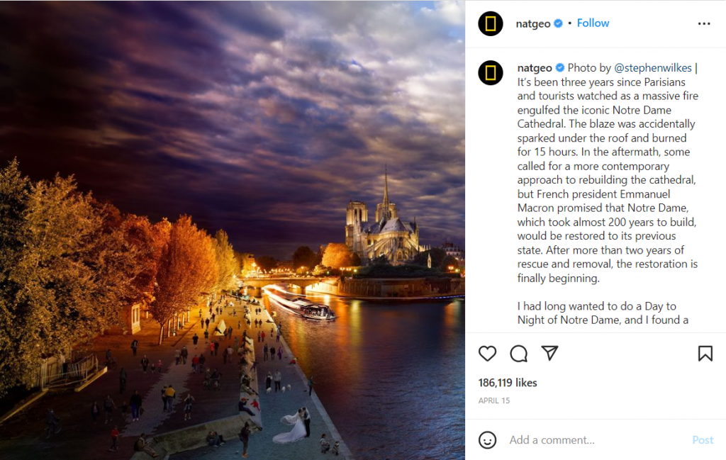 Capture d'écran du message de Natgeo sur Instagram , réalisée par Stephen Wilkes.