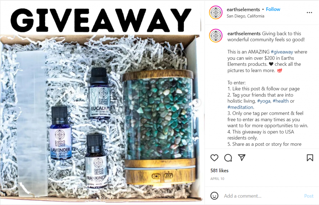 Un giveaway su Instagram con oli essenziali. 