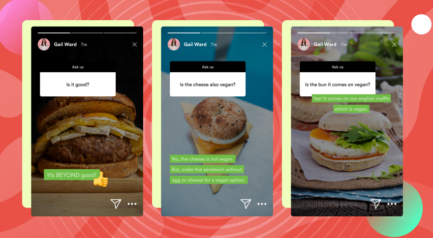 Captures d'écran des Stories Instagram d'une marque utilisant l'autocollant Ask Us question. 