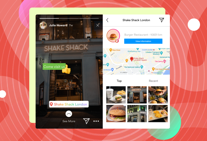 shake-shack-cropped | Path Social Screenshots of a brand’s Instagram Story with a location tag to increase discoverability.