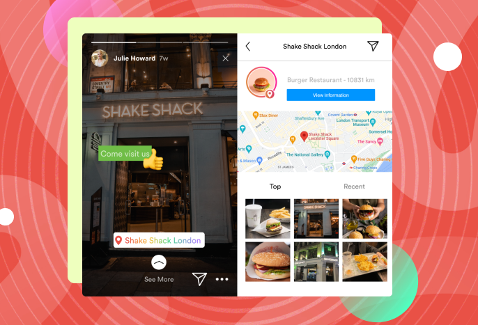 Capturi de ecran din Povestea Instagram a unui brand cu o etichetă de locație pentru a crește gradul de descoperire. 