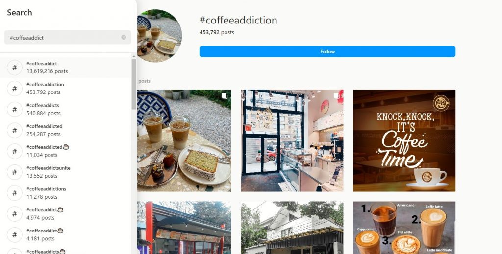 Page dédiée à #coffeeaddiction affichant les messages utilisant le hashtag.