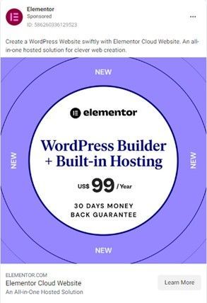Captura de pantalla de un ejemplo de anuncios de instagram de elementor