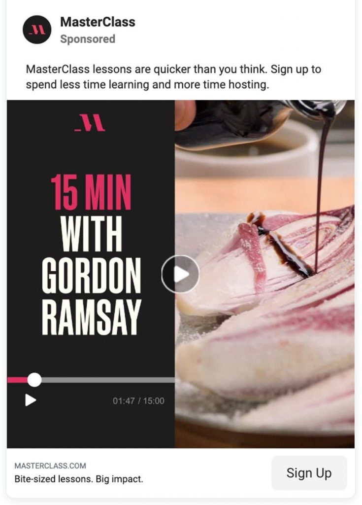 Captura de pantalla de un ejemplo de anuncios de instagram de Masterclass