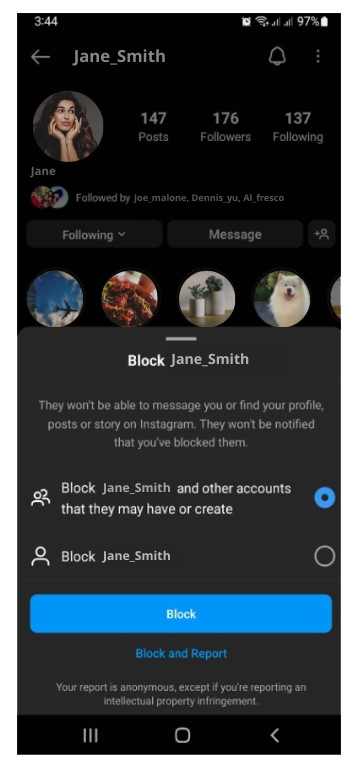 Screenshot of how to block an account on Instagram