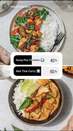 Un sondage Instagram demandant aux gens de voter pour leur repas préféré.