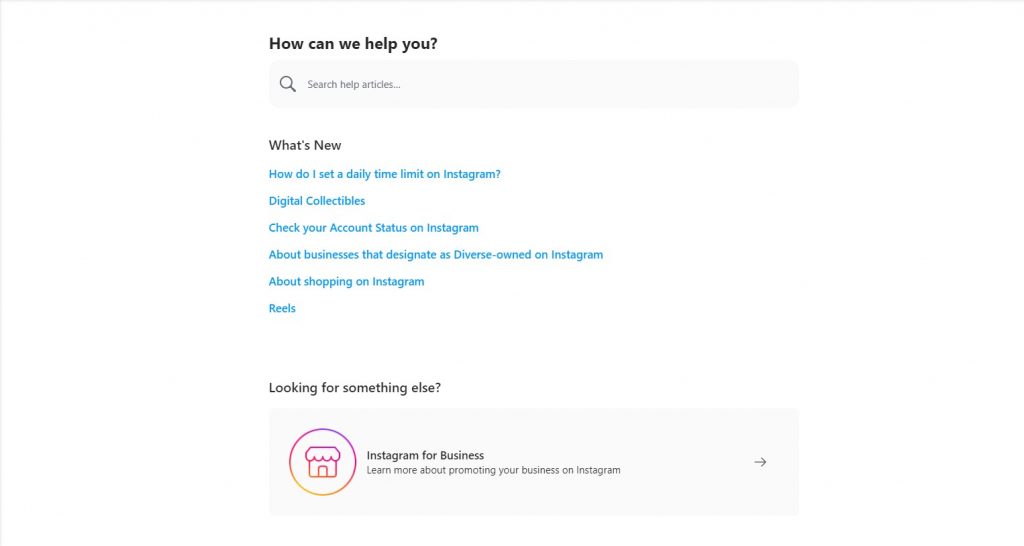 Main page of the Instagram Help Center showing a list of topics