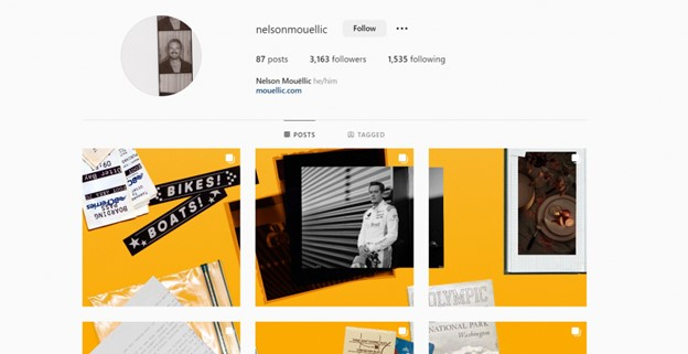 Instagram page of @nelsonmouellic displaying a visually engaging Instagram grid to bump up followers for the page. 