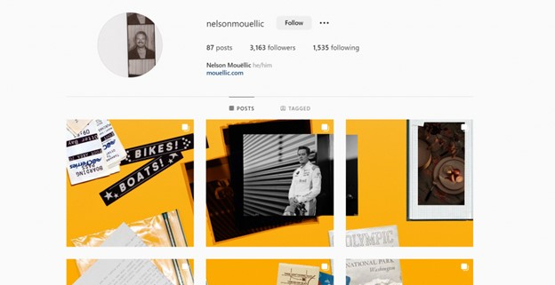 Pagina de Instagram a lui @nelsonmouellic care afișează o grilă Instagram atractivă din punct de vedere vizual pentru a crește numărul de urmăritori pentru pagină. 