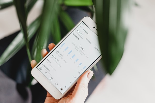 Une personne tient un téléphone Android et montre une page Instagram insights avec des onglets d'activité, de contenu et d'audience. En arrière-plan, une plante d'intérieur est floue.