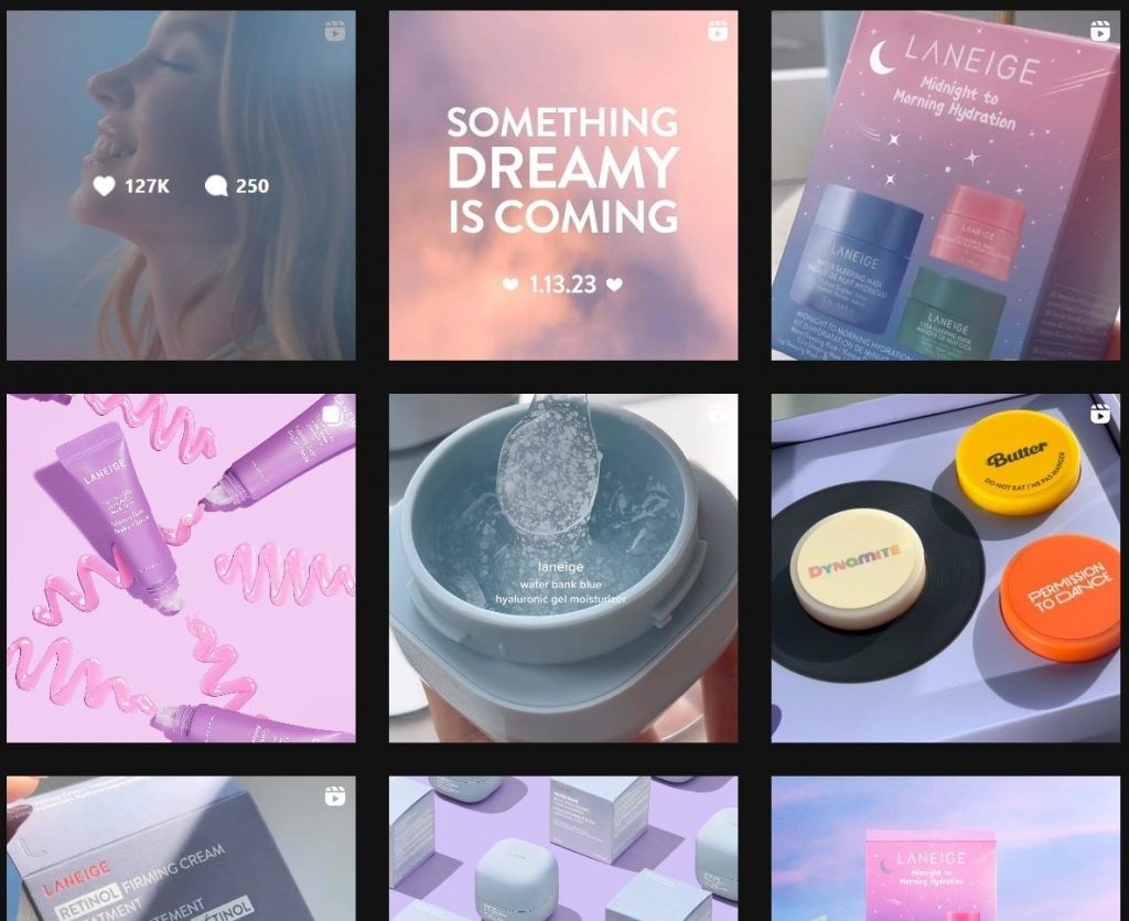 Inhalte der offiziellen Instagram-Seite von @laneige_us, die eine Mischung aus Anleitungsvideos und Produkteigenschaften zeigen