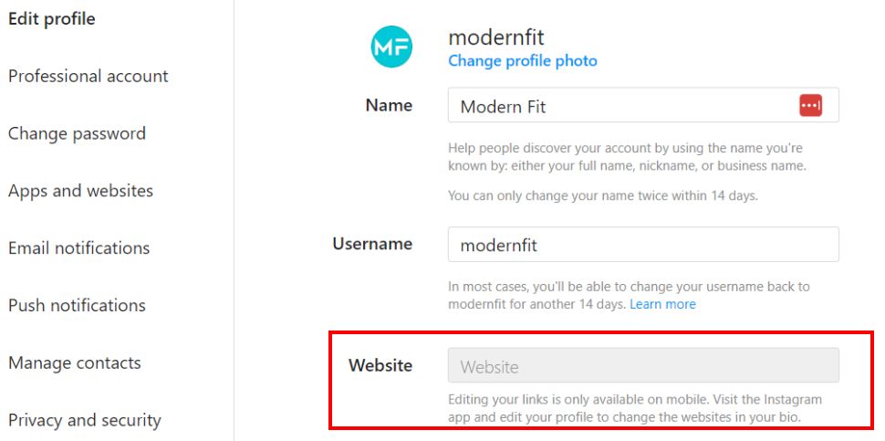 Edit profile page for Instagram showing how to put a link in Instagram bio in the Website box. 