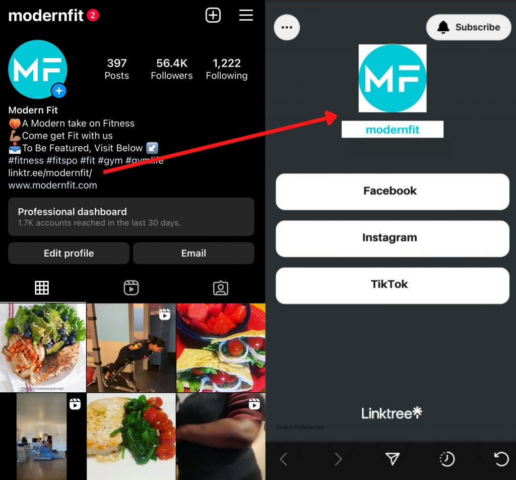 Instagram Linktreeを使用してバイオにリンクを表示しているmodernfitのプロフィールと、Linktreeのランディングページのスクリーンショット。 