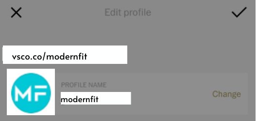 Schermafbeelding van de VSCO-pagina Profiel bewerken waarop je kunt zien hoe je de URL van je profiel kunt vinden en hoe je de VSCO-link in Instagram bio kunt zetten. 