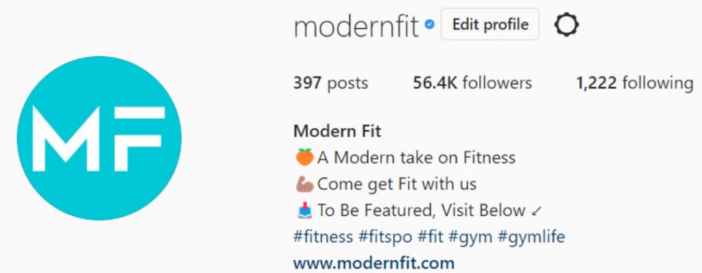 Screenshot van modernfit's Instagram pagina met www.modernfit.com link in bio. 