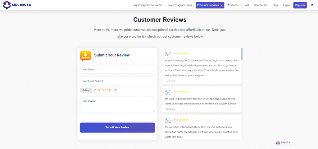 Screenshot van Mr. Insta beoordelingen van de website.