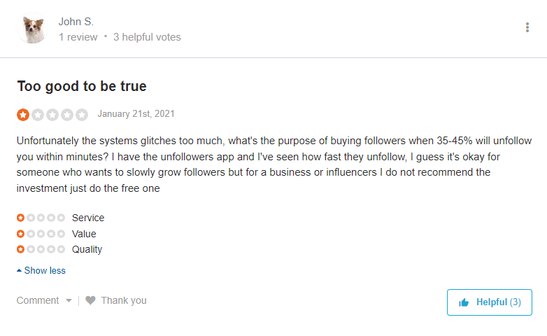 Screenshot of Mr Insta reviews from the website