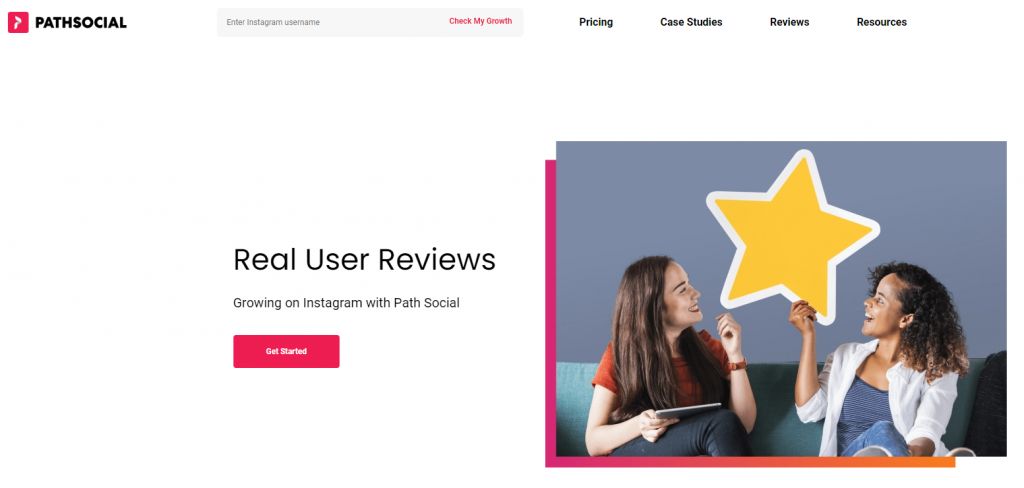 Path Social reviews page showing two women holding a big, yellow star. 