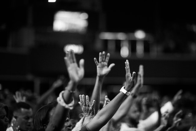 A crowd of people raising their hands.