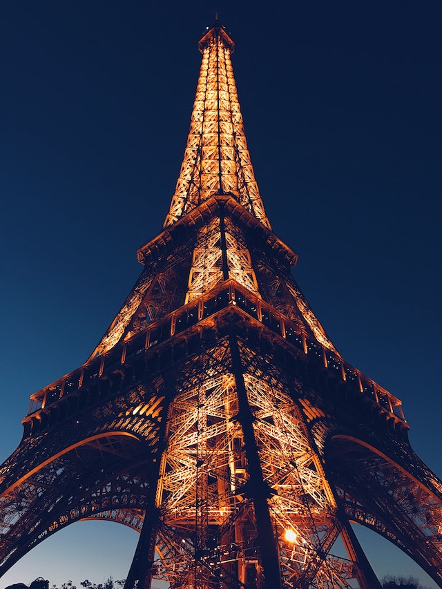 Eiffel Tower shot from a low angle.