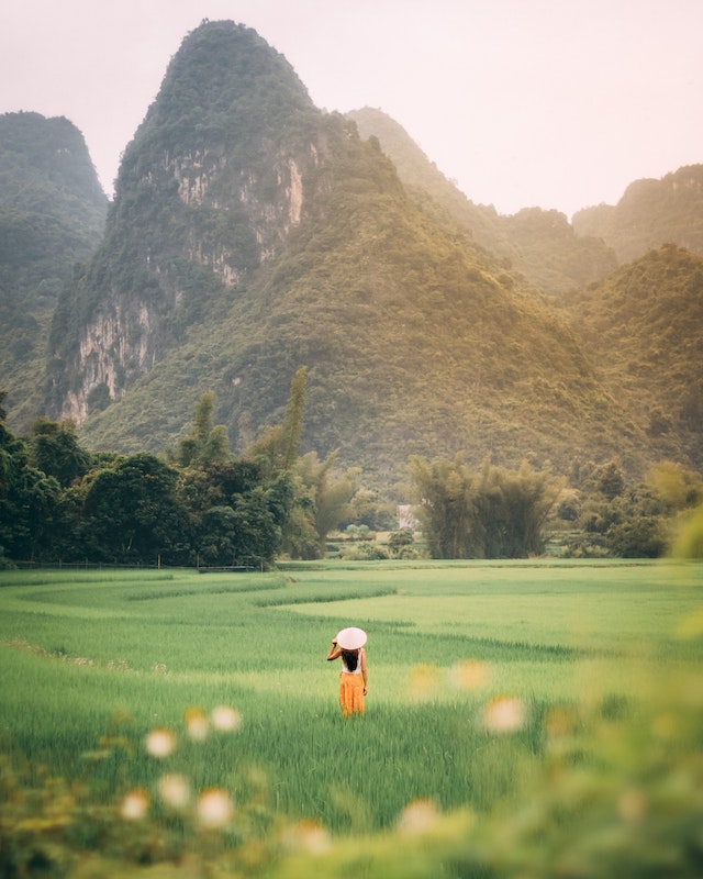 Woman standing in a vast grassy and mountainous area.
